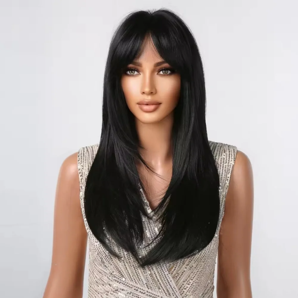 Dark Black Layered High-quality Synthetic Long Straight Wig - Picture 3 of 7